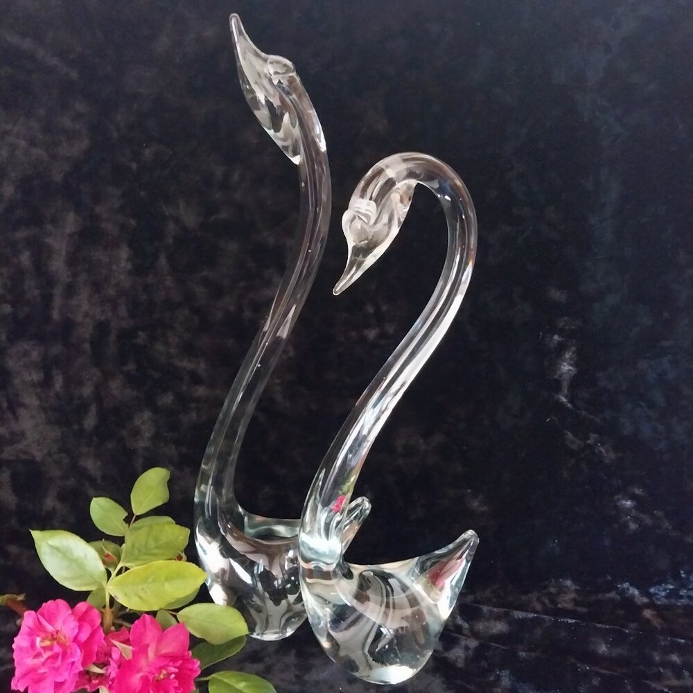 VTG Pair Crystal Glass Hand Blown Swans